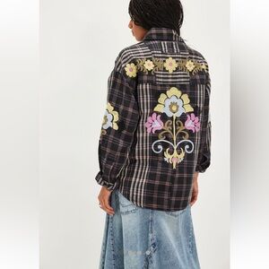 Free People Black Plaid Shirt with Floral Embroidery